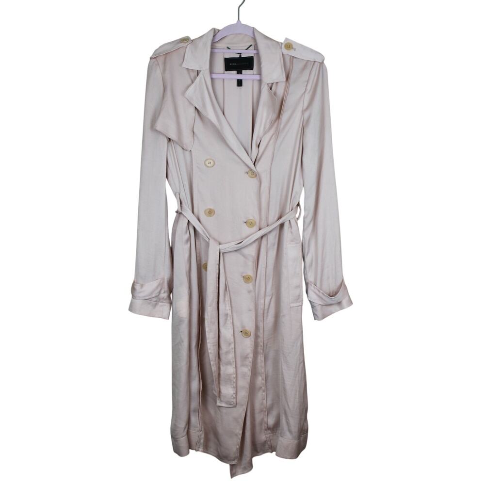 BCBGMaxazria Dusty Pink Soft Satin Button Lightweight Midi Trench Coat Size S